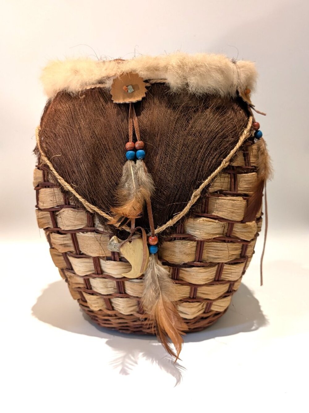 Vintage Native American‑Style Basket – Feather & Bead Embellishments– 12" Tall